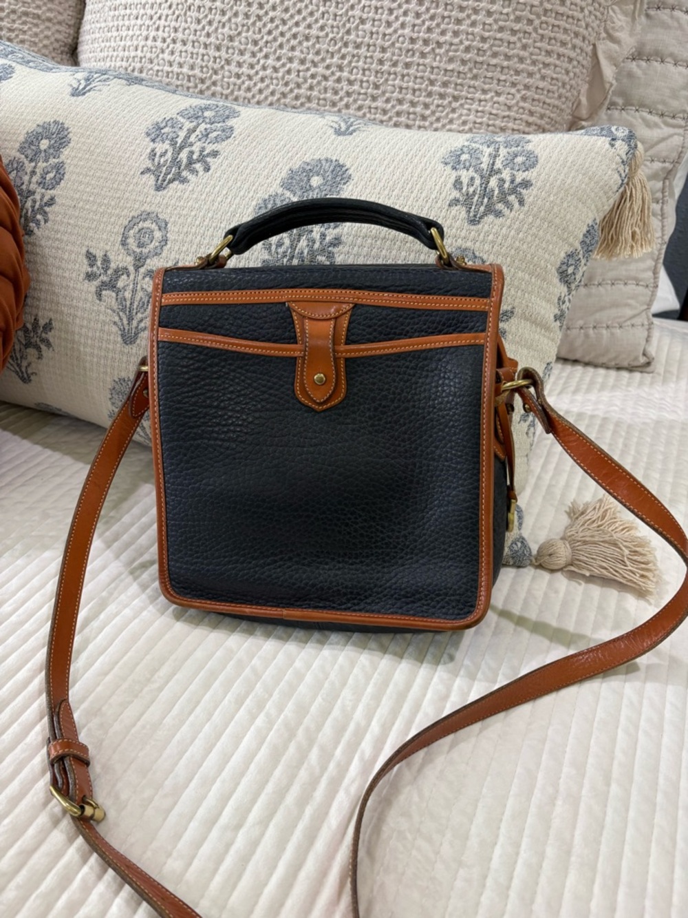 Dooney & Bourke Navy and Tan Leather Crossbody Satchel - Picture 2 of 6